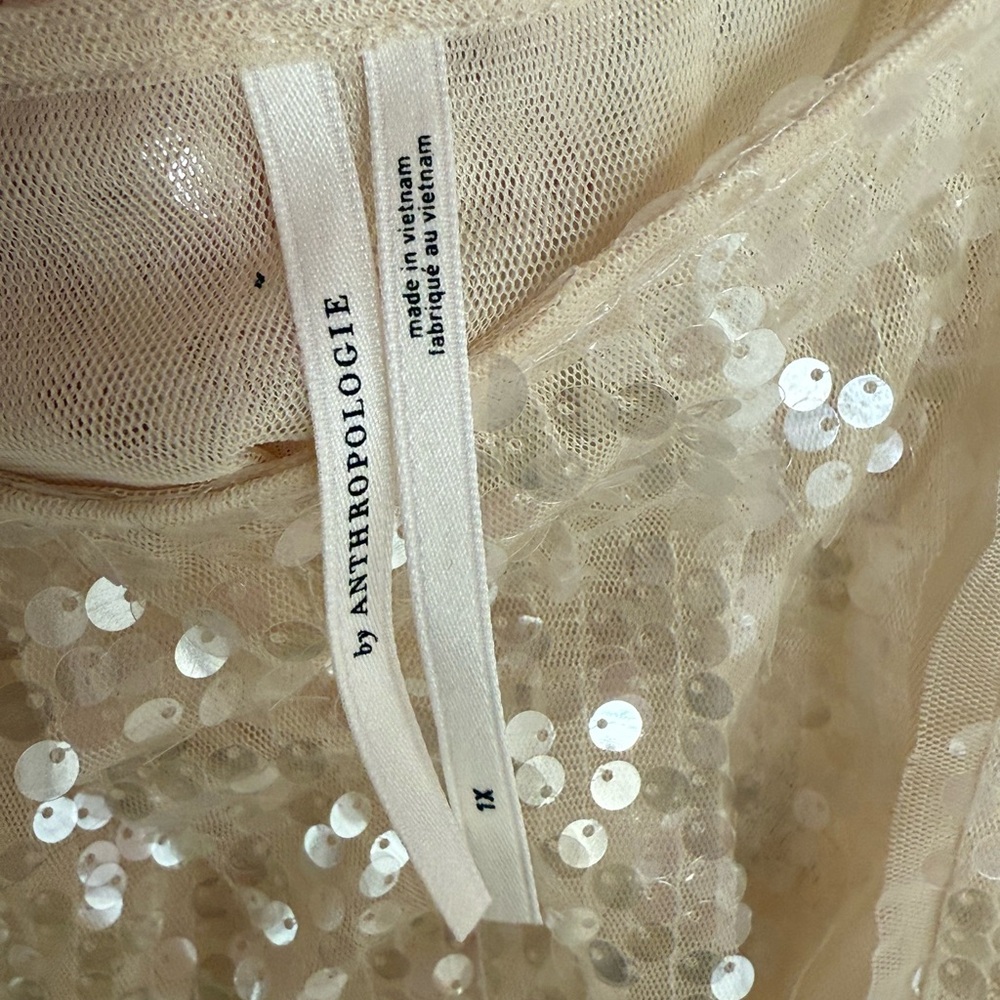Anthropologie Cream Sequin Ruffle Blouse - Picture 4 of 7